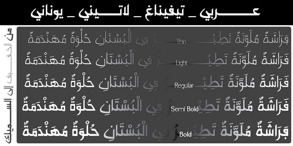 AlgerBlanche, 2200 glyphs, four scripts: Arabic, Latin, Greek, and Tifinagh